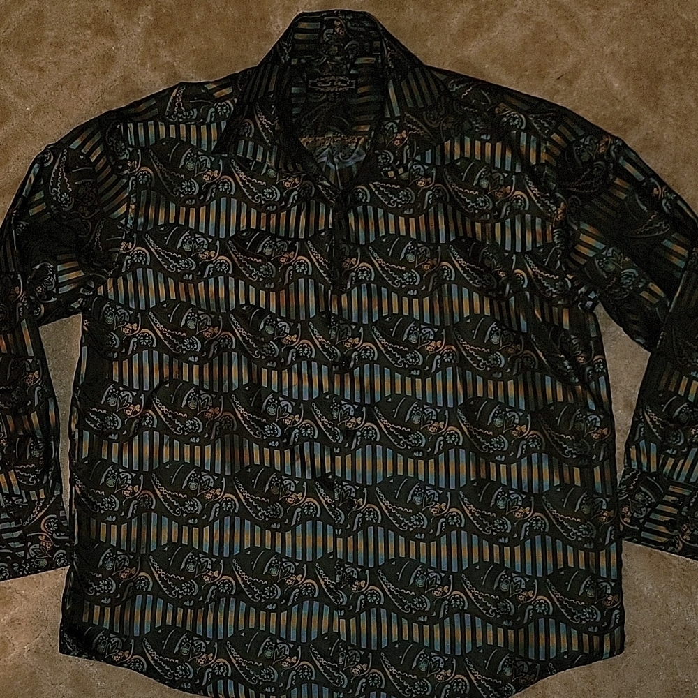 (J12) Mens dress shirt Black Patterned Button-Up Shirt plus size